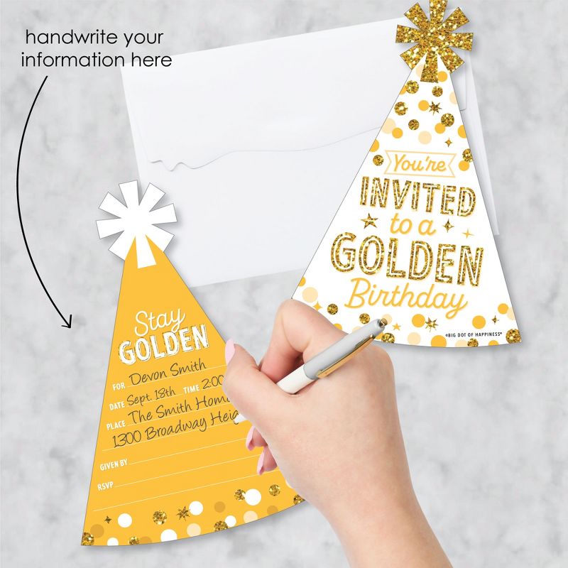 Big Dot of Happiness Golden Birthday - Shaped Fill-In Invitations - Happy Birthday Party Invitation Cards with Envelopes - Set of 12, 2 of 8