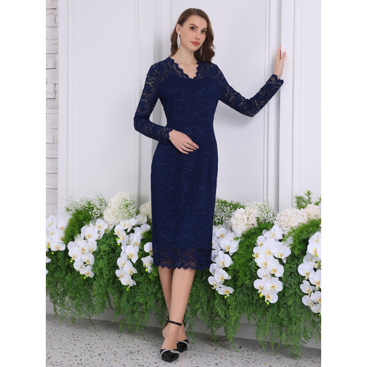 Женские платья INSPIRE CHIC Women's Floral Lace V Neck Long Sleeve Cocktail Wedding Bodycon Dress Dark Blue Medium — фото 3