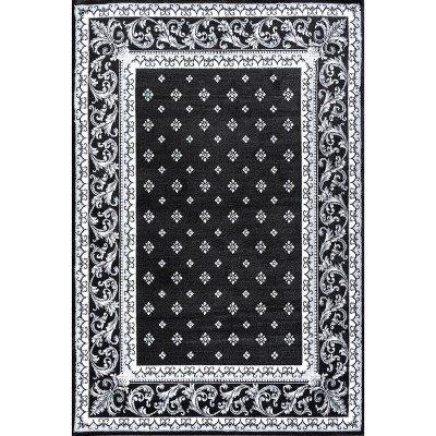 Black and Gray Synthetic Round French Border Area Rug