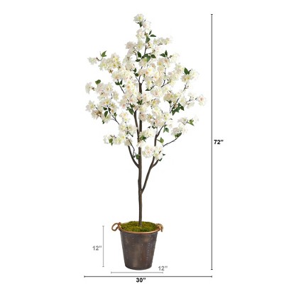 6-ft White and Pink Cherry Blossom Artificial Tree in Rustic Metal Pail