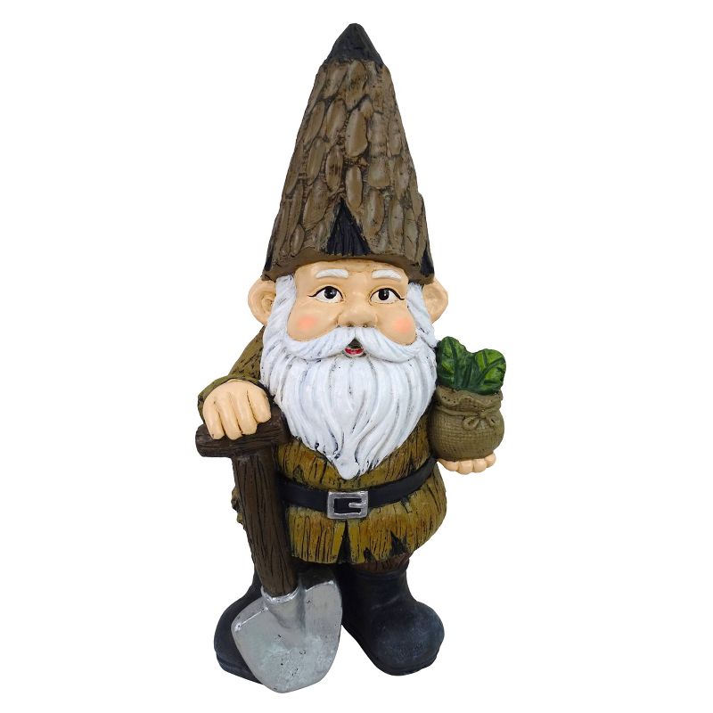 16&#34; Magnesium Oxide Indoor/Outdoor Garden Gnome with Shovel and Plant Statue Brown - Alpine Corporation, 1 of 6