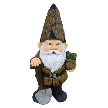 16" Magnesium Oxide Indoor/Outdoor Garden Gnome with Shovel and Plant Statue Brown - Alpine Corporation
