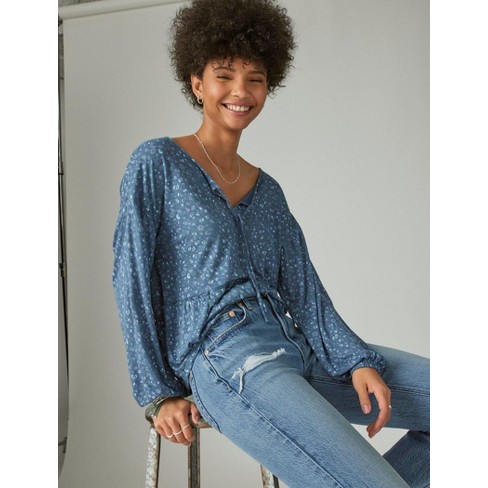 Lucky Brand, Tops, Lucky Brand All Over Floral Embroidered Blue Thermal  Long Sleeve Top Large