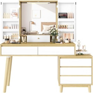 GustoWave Vanity Benches, Makeup Vanity Desk with LED Mirror, 3 Color Lighting Modes, Adjustable Brightness, 6 Storage Drawers, Dressing Table - 1 of 4