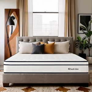 Luck Live 12 inch boxed Queen mattress, medium firmness support, pressure relief, and CertiPUR-US certified. - 1 of 4