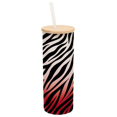Elanze Designs Zebra Animal Print Wrap-Around Design 25 Ounce Frosted Gradient Glass On-The-Go Coffee Travel Skinny Tumbler Mug Cup, Bamboo Lid and