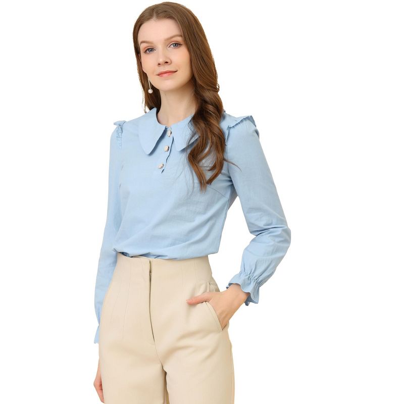 Allegra K Women's Peter Pan Collar Shirt Puff Long Sleeve Button Blouse Top, 1 of 7