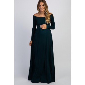 PinkBlush Forest Green Solid Off Shoulder Maternity Maxi Dress - 1 of 4