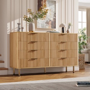 8-Drawer Fluted Dresser: 55" Wide Natural Wooden Chest with Deep Drawers – Ideal for Bedroom, Living Room, Hallway, Kids Room - 1 of 4