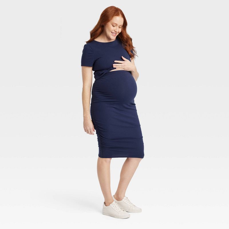 Short Sleeve Match Back Knit Maternity Skirt Set - Isabel Maternity by Ingrid & Isabel™ Navy Blue, 3 of 4