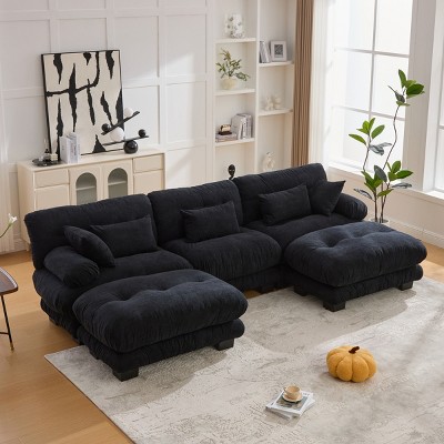 U Shaped Velvet Cloud Couch with 2 Ottomans,118" Modular 5 Seater Sectional Sofa with Bolster Armrest Pillows for Living Room-Baofuwish