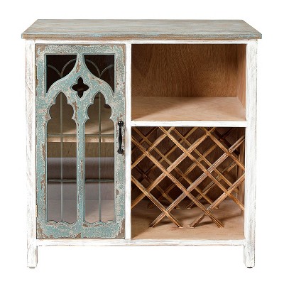LuxenHome Distressed White and Gray Wood 1-Door Storage Wine Cabinet