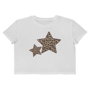 Rerun Island Women's 2 Animal Print Stars Short Sleeve Graphic Cotton Cropped Loose T-shirt - Bright White L - 1 of 4