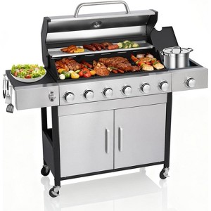 Zevemomo 7-Burner Gas Grill with Side Burner, Dual-Sided Frying Plate, Thermometer, Wheels & Side Tables, 65,910 BTU for Patio Garden & Balcony - 1 of 4