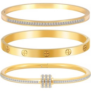 Gold Stackable Bracelets for Women - 3 Piece Stainless Steel Bangles with Love & Friendship Theme, Crystal Accents - 1 of 4