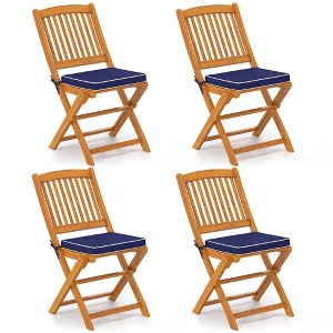 Costway Outdoor Folding Chairs Set of 4 Acacia Wood High-Back Chair with Seat Cushions Beige/Navy/Red - 1 of 4
