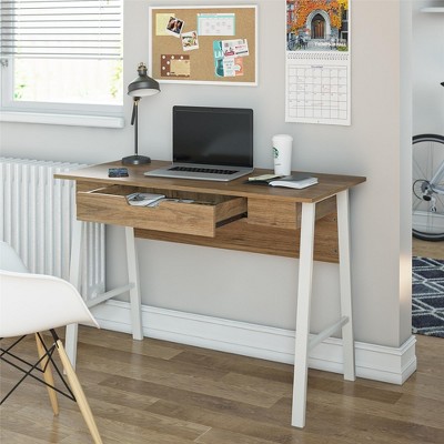 Walnut and White Wood Computer Desk with Drawer