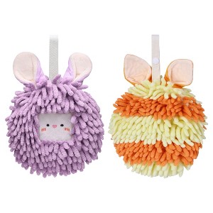 REGALWOVEN Rabbit Shape Quick Drying Soft Absorbent Decorative Chenille Fuzzy Ball Hand Towels with Hanging Loops 7" x 7" 2 Pcs - 1 of 4