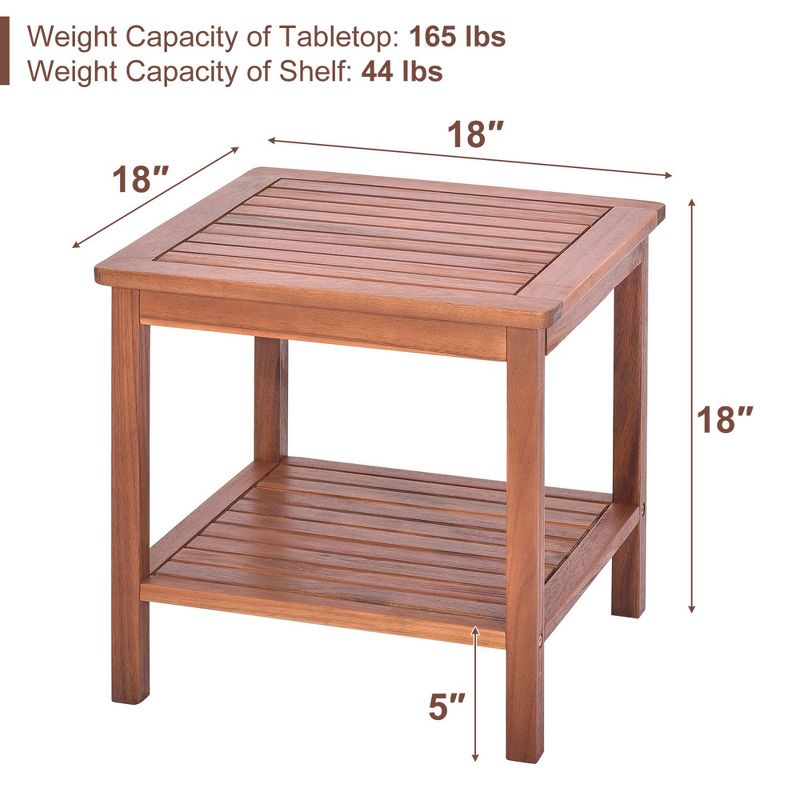 Costway Patio Acacia Wood Side Table 2-Tier Square End Table Porch Poolside Natural, 3 of 10