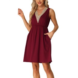 cheibear Women's Sleeveless with Pockets V Neck Lace Trim Lounge Casual Outfits Dresss - 1 of 4
