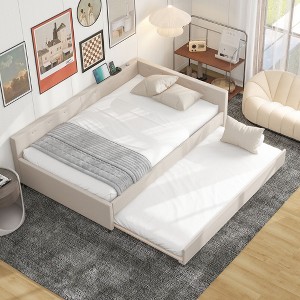TIRAMISUBEST Full/Queen Size Upholstered Platform Bed with USB Ports and Twin Size Trundle, Modern Daybed Sofa Bed Frame with L-Shaped Headboard - 1 of 4