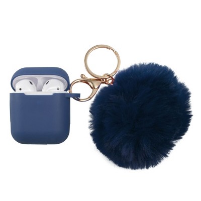 Insten Cute Case Compatible with AirPods 1 & 2 - Fluffy Pom Pom Protective Silicone Cover with Keychain, Blue
