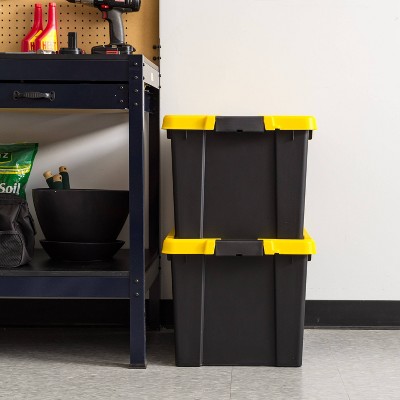 Heavy Duty Black and Yellow Stackable Storage Totes with Lids