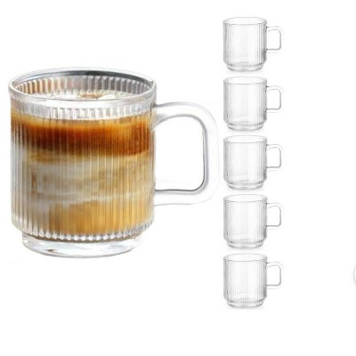 6 PACK Premium Glass Coffee Mugs with Handle, 12 OZ Classic Vertical Stripes Glass Coffee Cups, Transparent Tea Cup for Hot/Cold Beverages