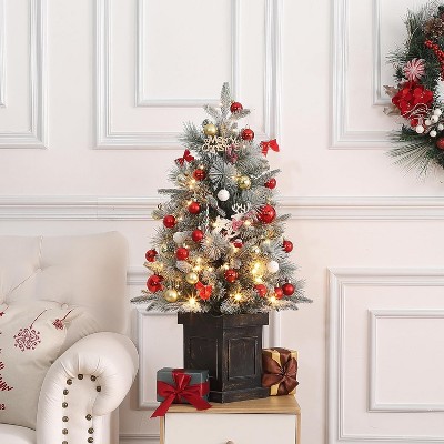3FT Christmas Tree, Pre-Lit Artificial Christmas Tree with Vintage Potted Base, Flocked Snow 78 Warm White LED Lights Red Berries