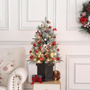 3FT Christmas Tree, Pre-Lit Artificial Christmas Tree with Vintage Potted Base, Flocked Snow 78 Warm White LED Lights Red Berries - 1 of 4