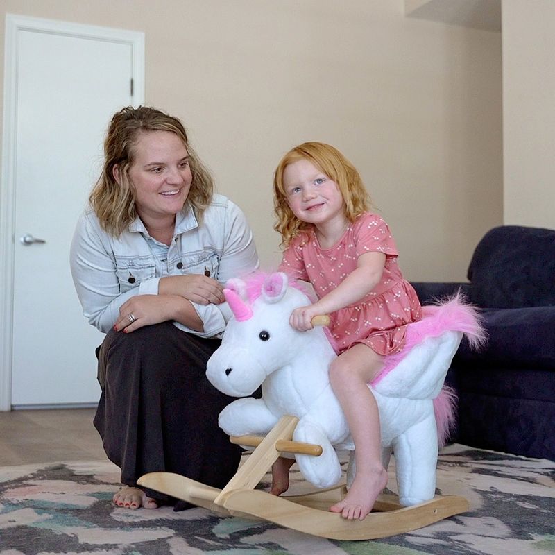 Qaba Kids Rocking Horse, Wooden Plush Ride-On Unicorn Chair Toy with Lullby Song for 18-36 months children, 4 of 10
