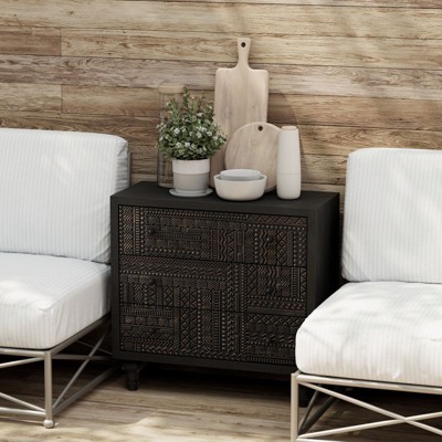 JIONJOY Farmhouse 3-Drawer Dresser - Geometric Carved Design, Fully Assembled Vintage Storage Chest for Bedroom/Living Room, Black