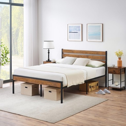 Full Bed Frame With Wood Headboard And Metal Slats Support Platform Bed ...