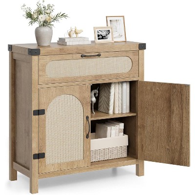 homfan Rattan Sideboard Buffet Cabinets with Storage, Farmhouse Storage Cabinet with Drawer, for Kitchen, Dining Room, Living Room, Natural