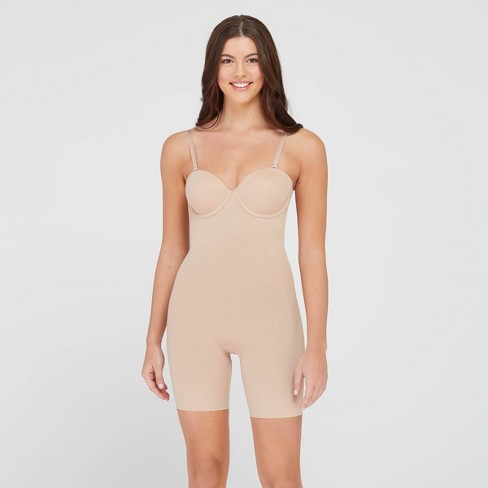 ASSETS by SPANX Women's Flawless Finish Strapless Cupped Midthigh Bodysuit  - Beige 1X
