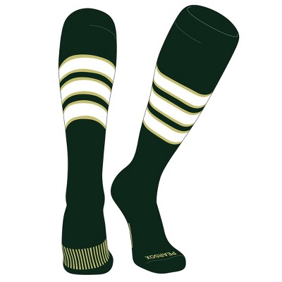 PEAR SOX Striped OTC Baseball, Softball, Football Socks (C) Forest Green, Vegas Gold, White (S)