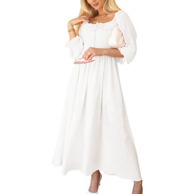 Anna-Kaci Women's Smocked Long Sleeve Swiss Dot Lined Maxi Tie Neck Square Detail Dress
