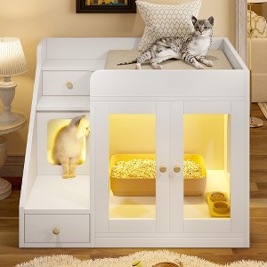 Whisen Multifunctional Cat Litter Box & Cat Bed House & Side Table with 3 Side Stairs, 2 Storage Drawers - 1 of 4