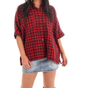 Women's Tough Love Boxy Plaid Button Down Top - day + moon - 1 of 4