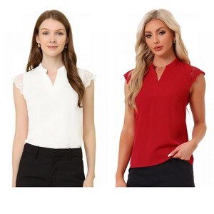INSPIRE CHIC Women's Work Office V Neck Stand Collar Lace Cap Sleeve Basic Blouse 2 Pieces - 1 of 4