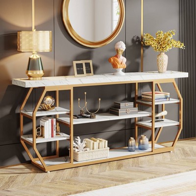 LITTLE TREE 70.9" Extra Long Console Sofa Table with Storage Shelves White/Gold
