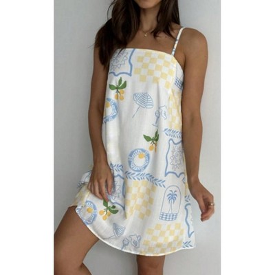 Nmoder Women Slip Dress, Spaghetti Straps Backless Graphic Print A-Line Dress Summer Mini Dress