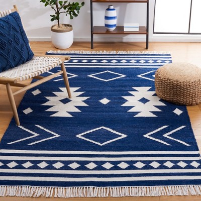 Ivory and Navy Geometric Handwoven Kilim Area Rug