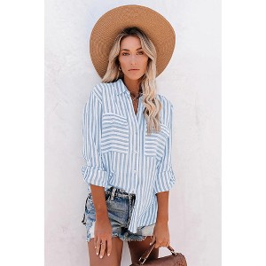 V For City Women's Striped Button-Down Long Sleeve Shirt with Dual Chest Pockets - 1 of 4