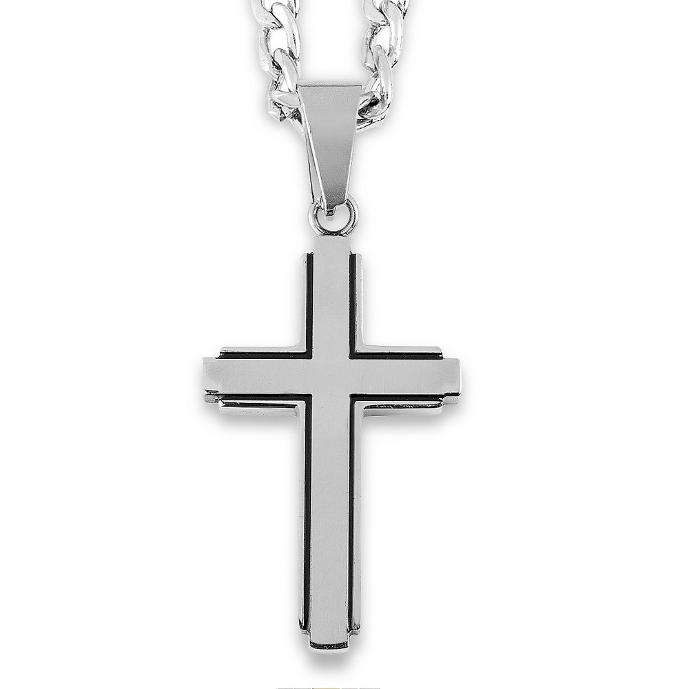Photos - Pendant / Choker Necklace Men's West Coast Jewelry Stainless Steel Black Inlay Cut-out Cross Pendant