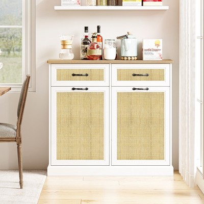 Double Tilt Out Trash Cabinet, Rattan Trash Can Cabinet with 20 Gallon Storage, Hidden Trash Bin Cabinet for Kitchen Dining Living Room