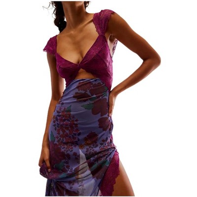 Nmoder  Lace Patchwork Maxi Dress - Sexy V-Neck Cutout & Backless Slit Bodycon Party Dress for Small Chest