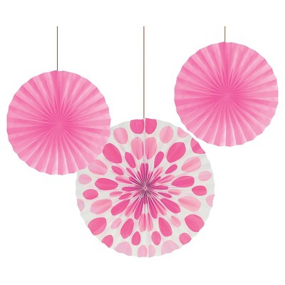 Candy Pink Dots and Stripes Paper Fans - 3 Pack