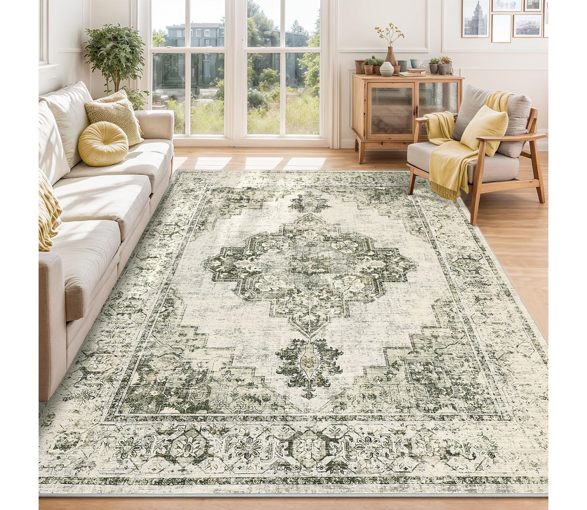 Soft Vintage Low Pile Large Washable Area Rug, Farmhouse Non-Slip Indoor Rugs for Living Room Bedroom, Olive Green, 5'x7'