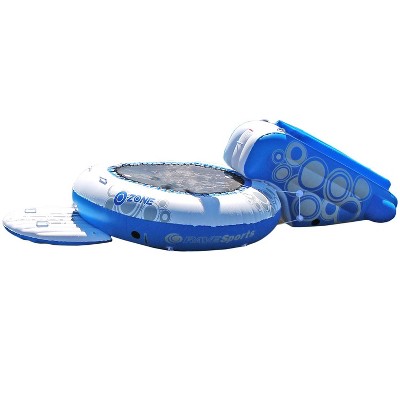 RAVE Sports O Zone Plus 5 Foot Inflatable Water Bouncer Trampoline with Attached Slide, Handles, and Boarding Platform, Blue and White